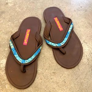 Patty Shelabarger Brn Leather Sandal w Woven Trim